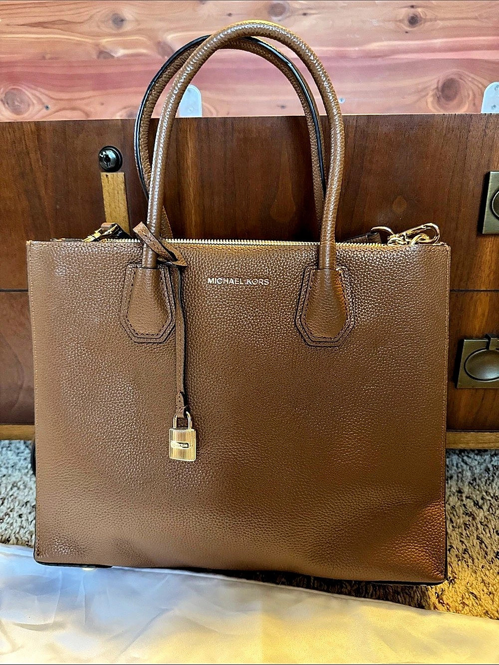 Michael Kors Mercer Medium Pebbled Leather Belted Satchel Brown